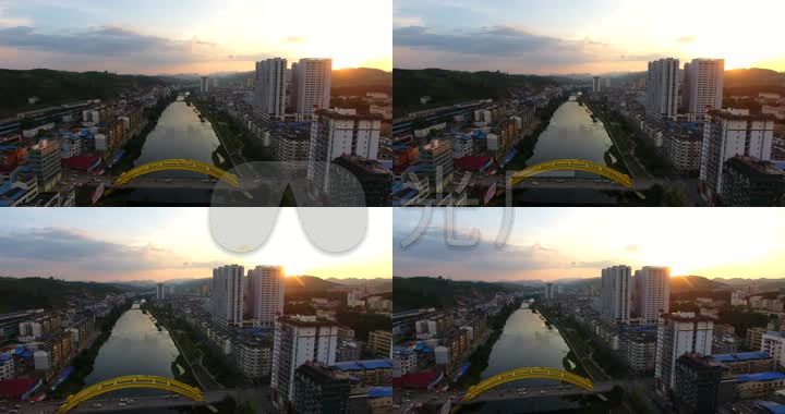 4k航拍岑巩县夕阳城市彩虹桥