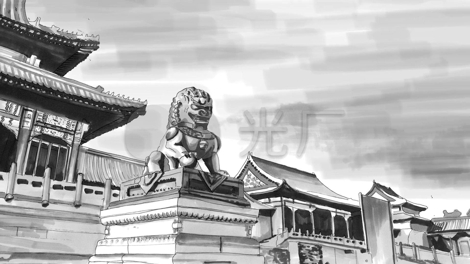 创意中国风故宫石狮子开场片头彩铅到实拍