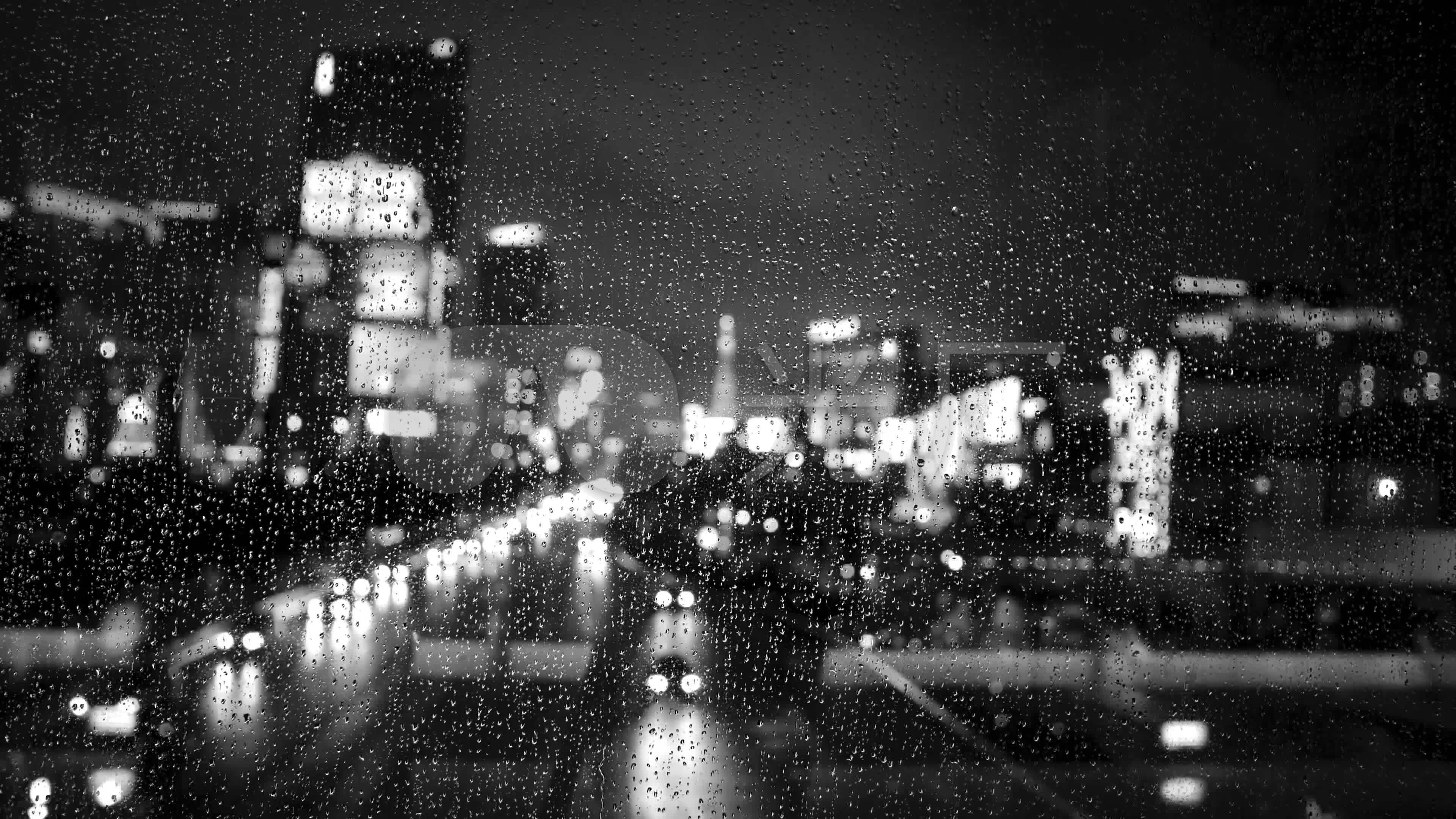 4k视觉创意黑白窗外雨景雨水城市雨夜