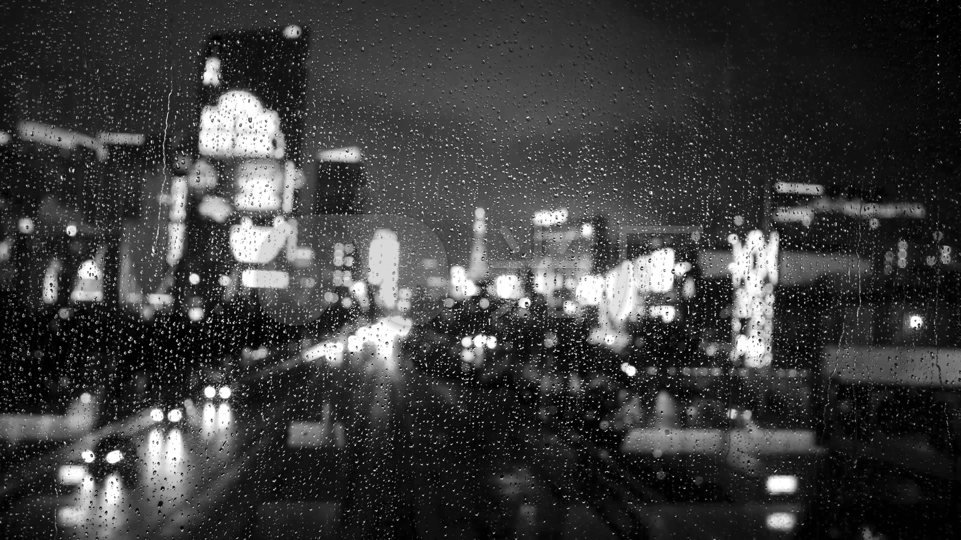 4k视觉创意黑白窗外雨景雨水城市雨夜_3840x2160_高清