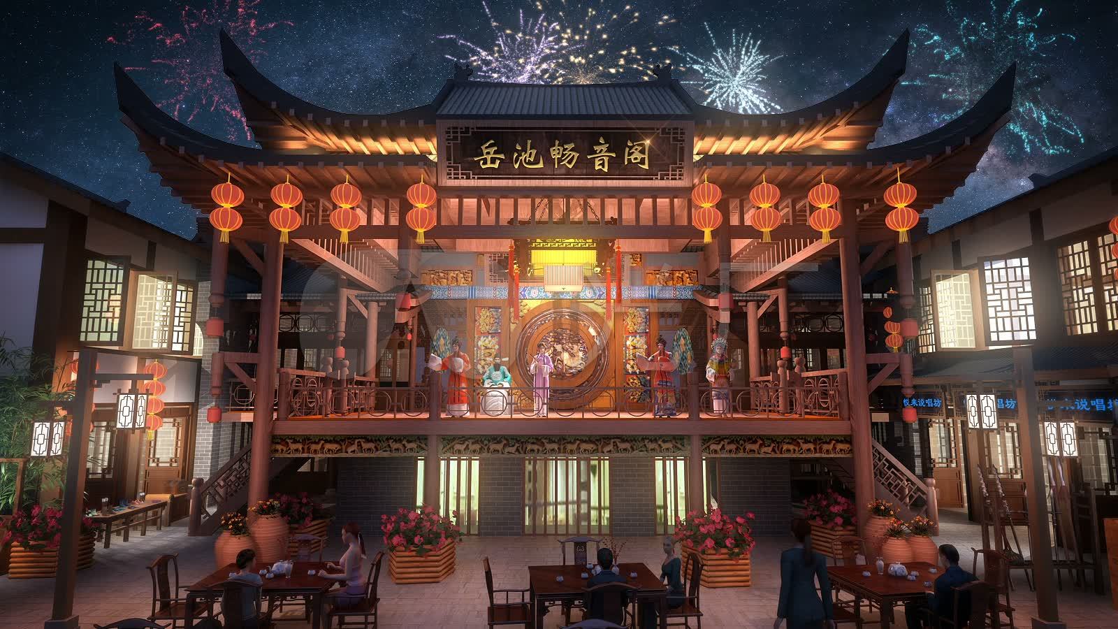 视频素材 实拍视频 金融商业 戏台唱戏夜景三维镜头