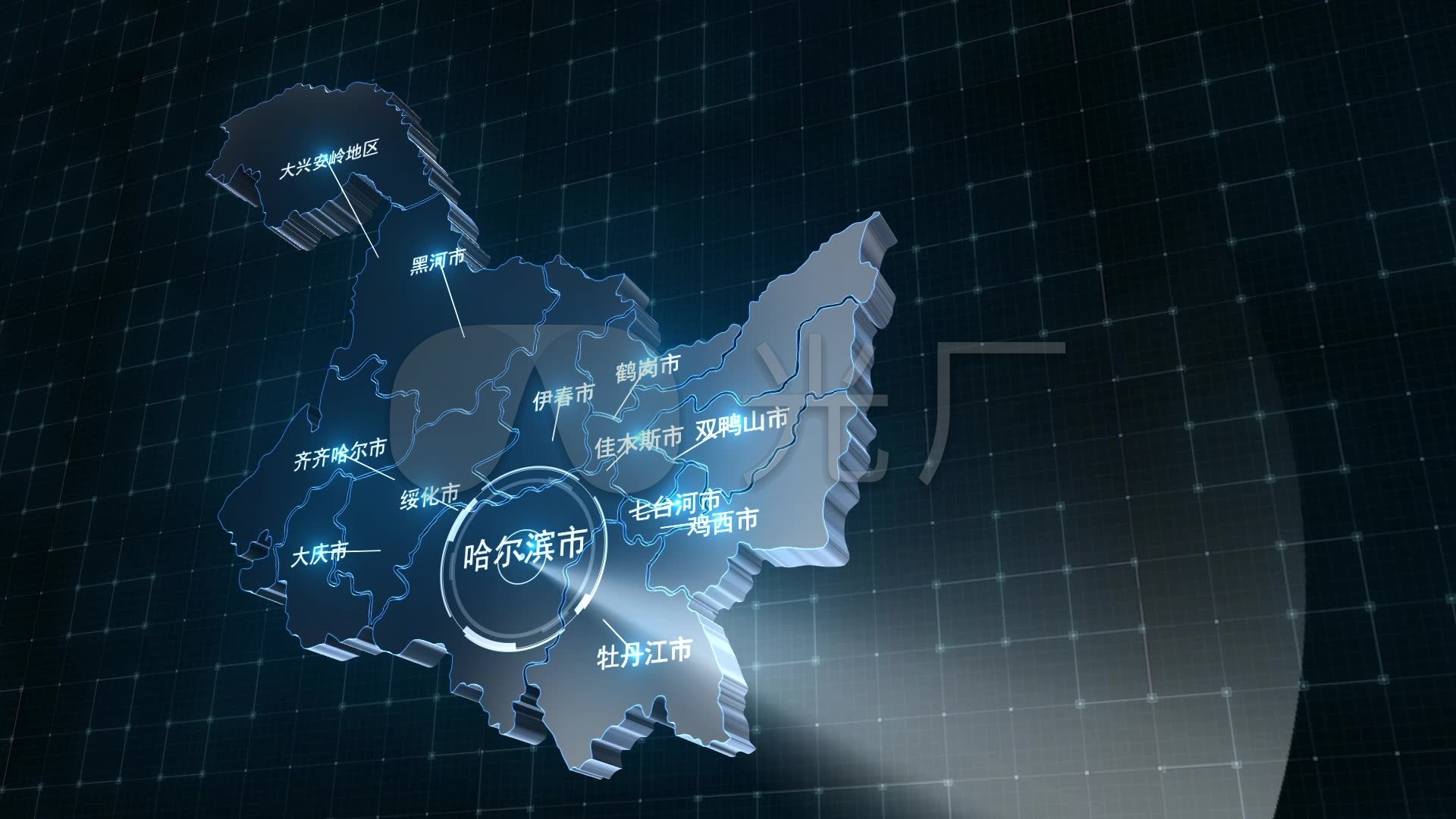 高科技蓝色3d黑龙江地图视频背景
