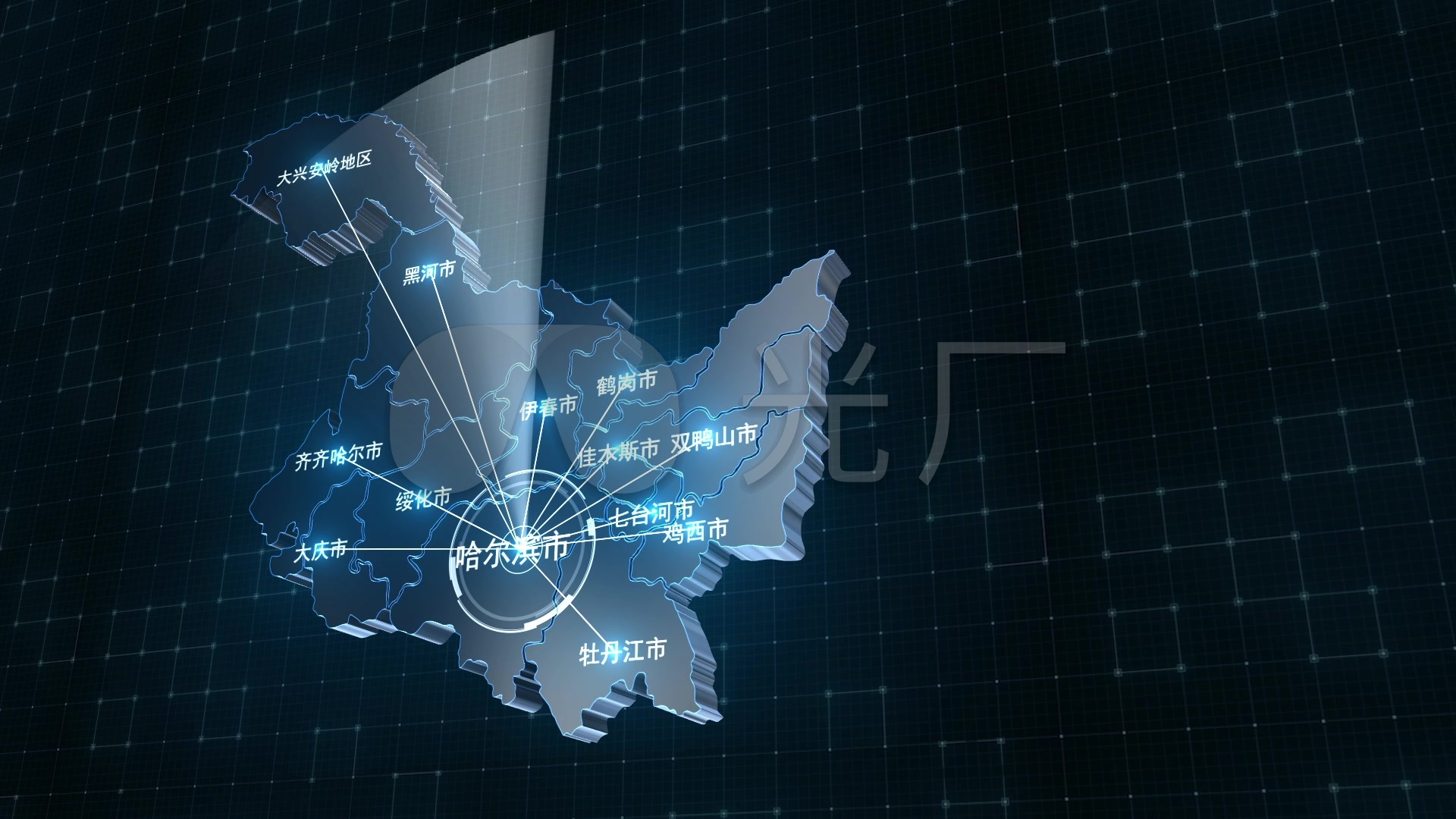高科技蓝色3d黑龙江地图视频背景