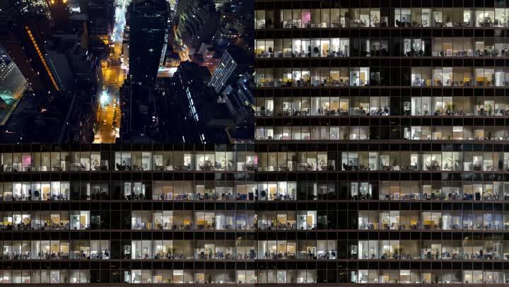 夜晚办公楼晚上写字楼加班加点工作延时摄影