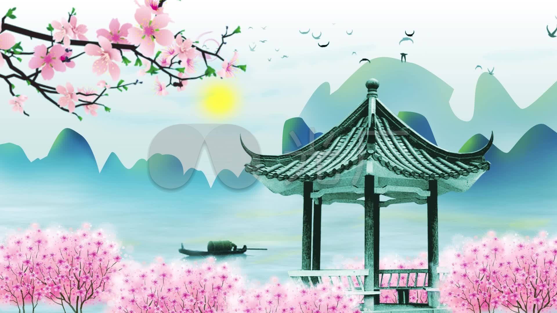 水墨桃花亭子中国风背景