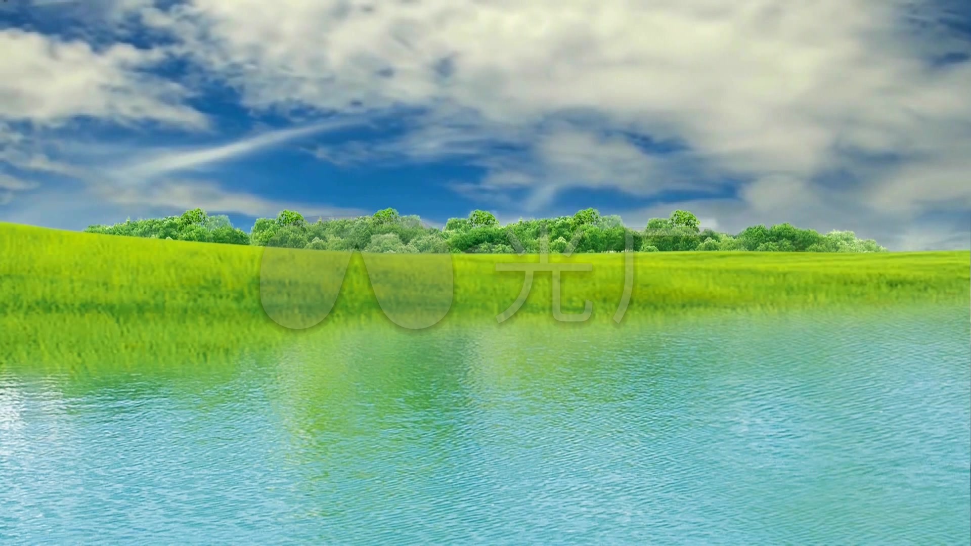 河水绿草蓝天白云背景_1920x1080_高清视频素材下载