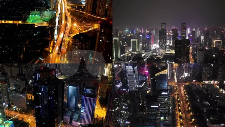 航拍四川成都市区楼宇大厦车流街道夜景建筑