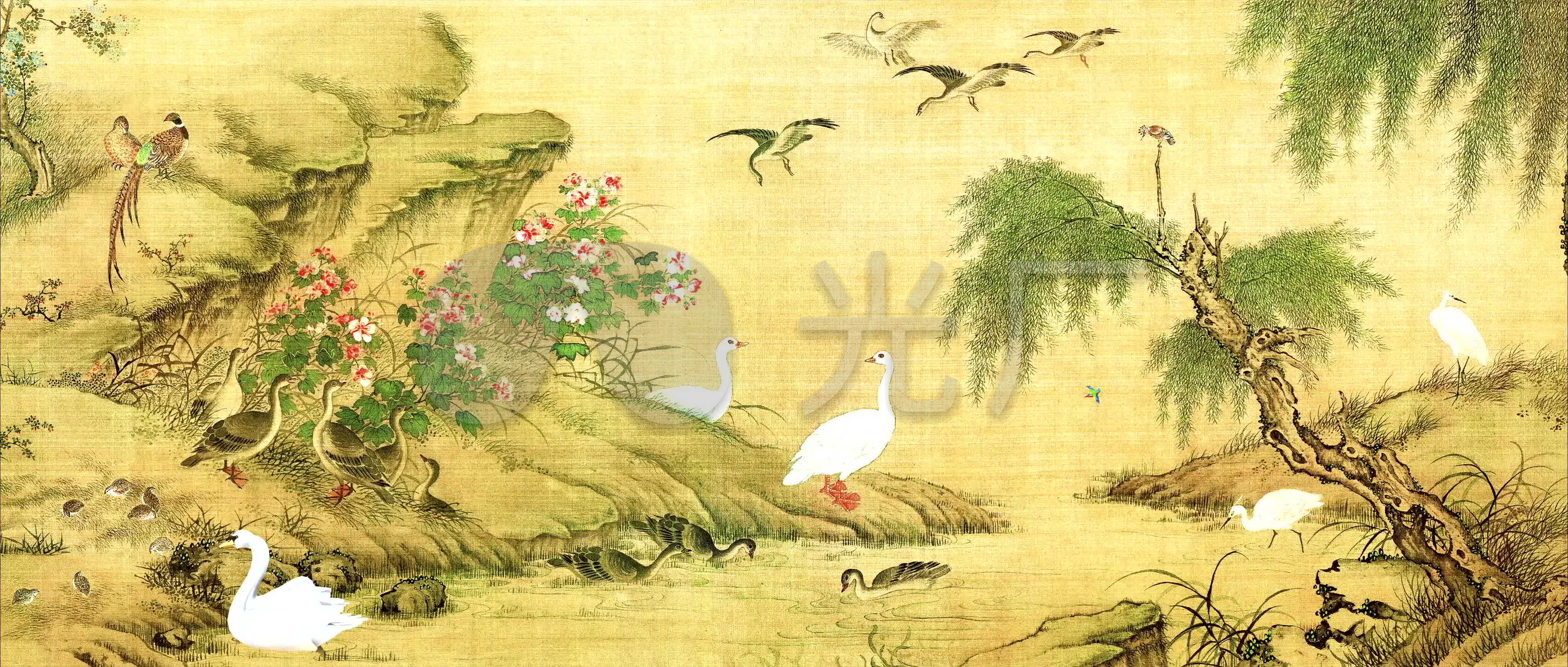 百鸟朝凤图水墨国画传统花鸟4k_4096x1742_高清视频