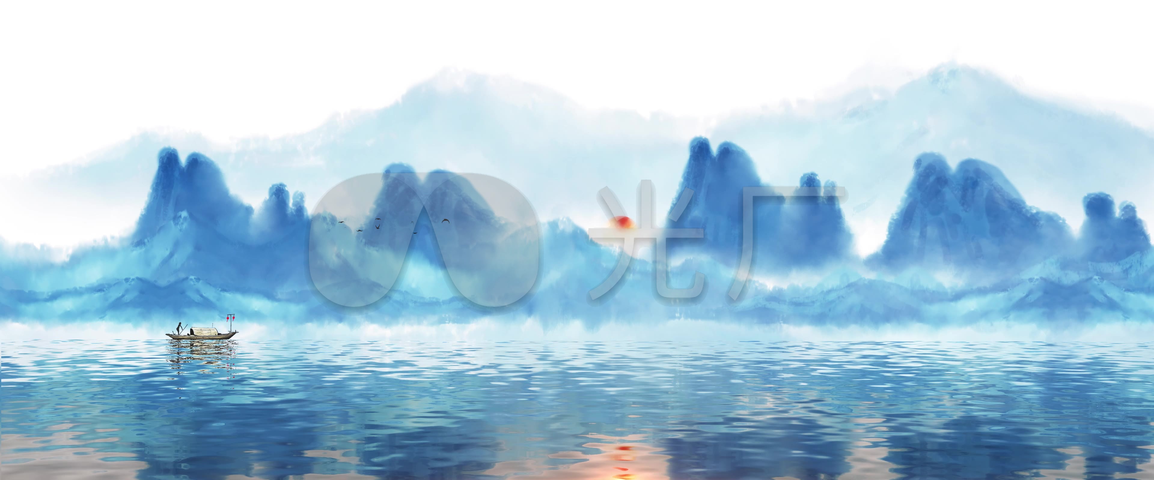 4k中国风蓝色水墨山水雾小船视频素材