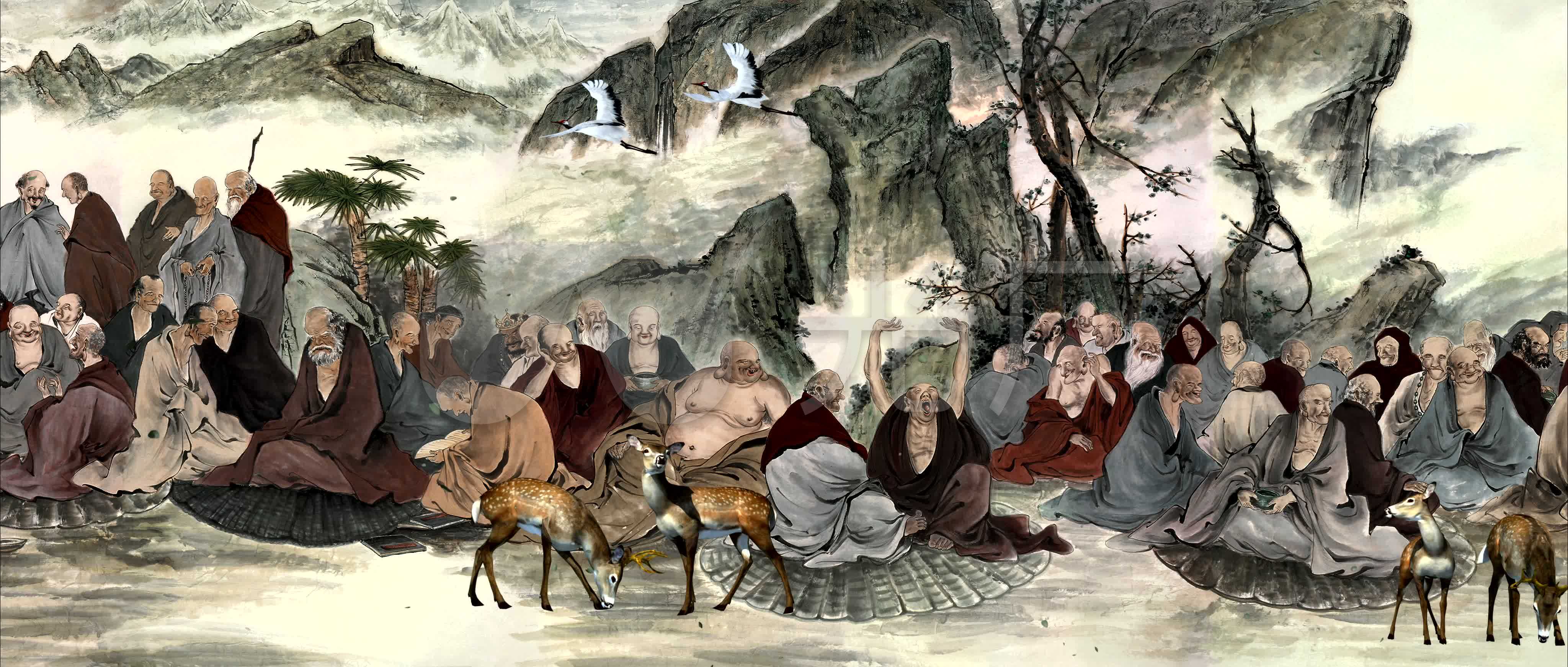 五百罗汉全图水墨罗汉图国画罗汉图佛画4k_4096x1742