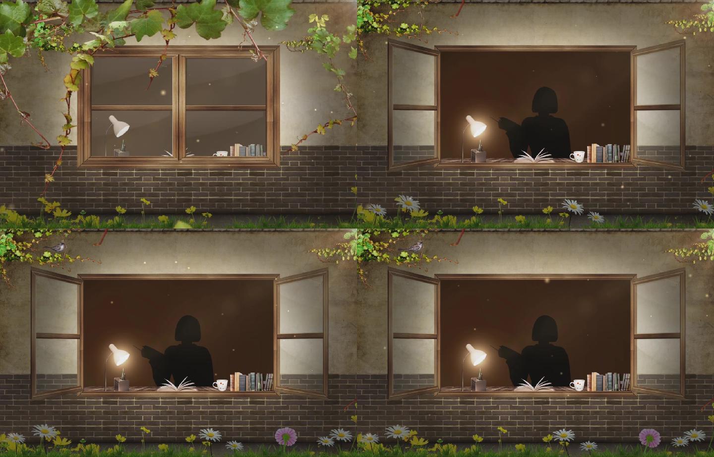 窗户 教师 老师 台灯 藤蔓 台灯 书 夜晚 花草