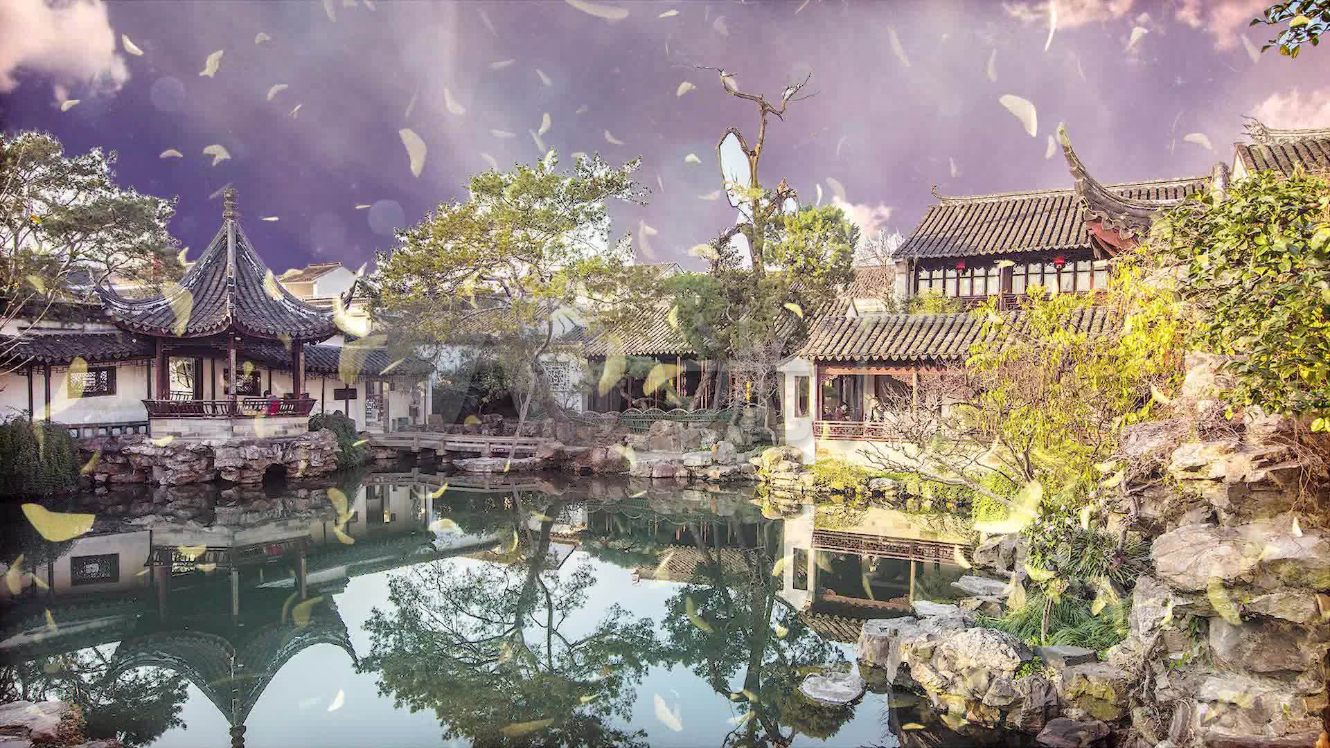 古代庭院落叶舞台背景