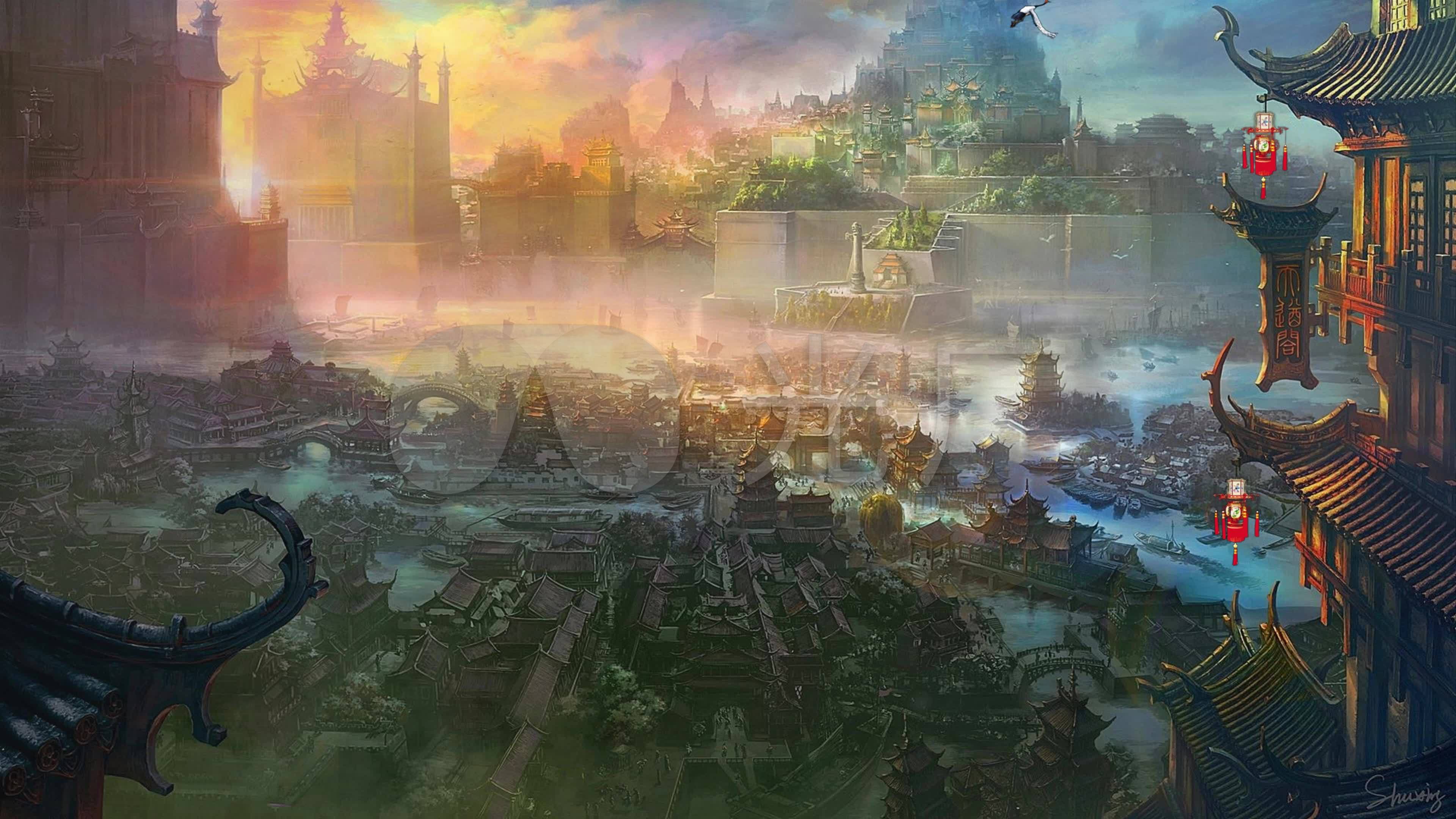 视频素材 舞台背景 中国风背景 古代城市城镇集镇古城