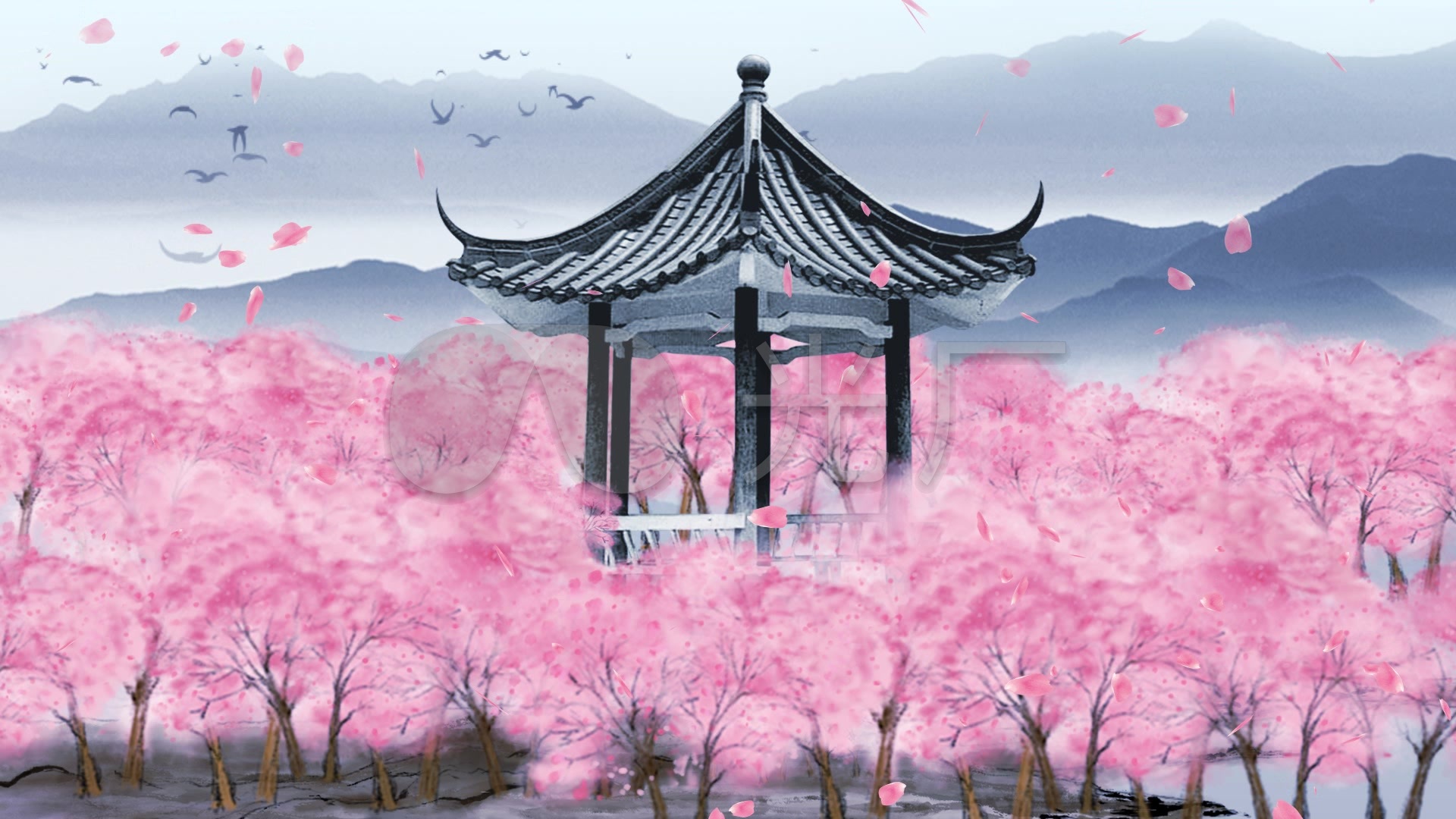 水墨亭子桃花中国风背景_1920x1080_高清视频素材下载