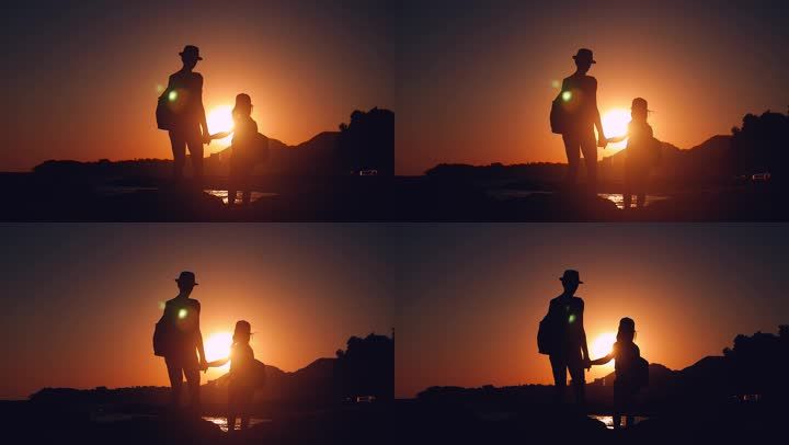 妈妈和女儿牵手 唯美夕阳逆光视频 宁静气氛素材 剪影意境视频素材