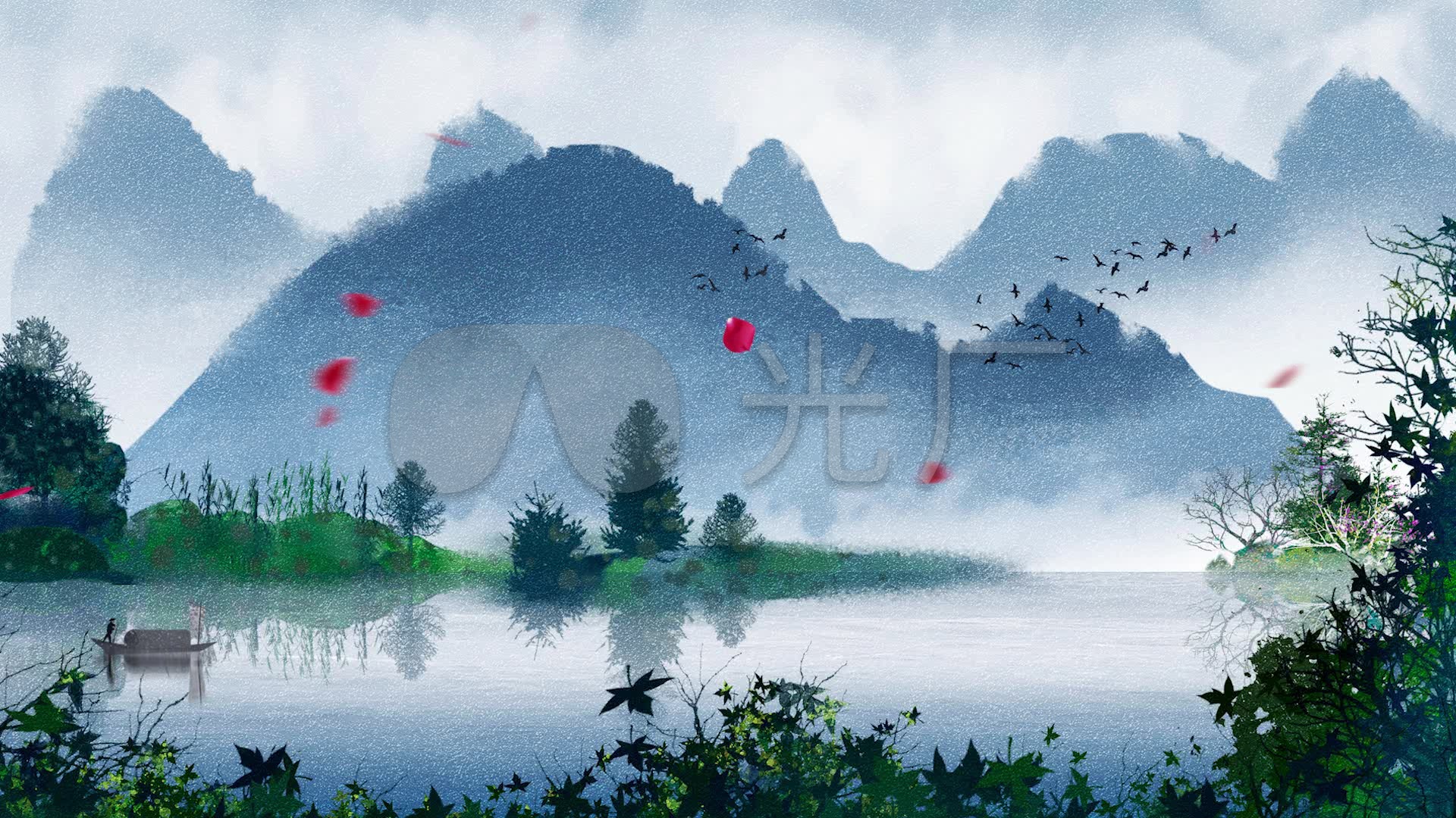 视频素材 舞台背景 中国风背景 水彩山水画动态背景视频 来自视频原始