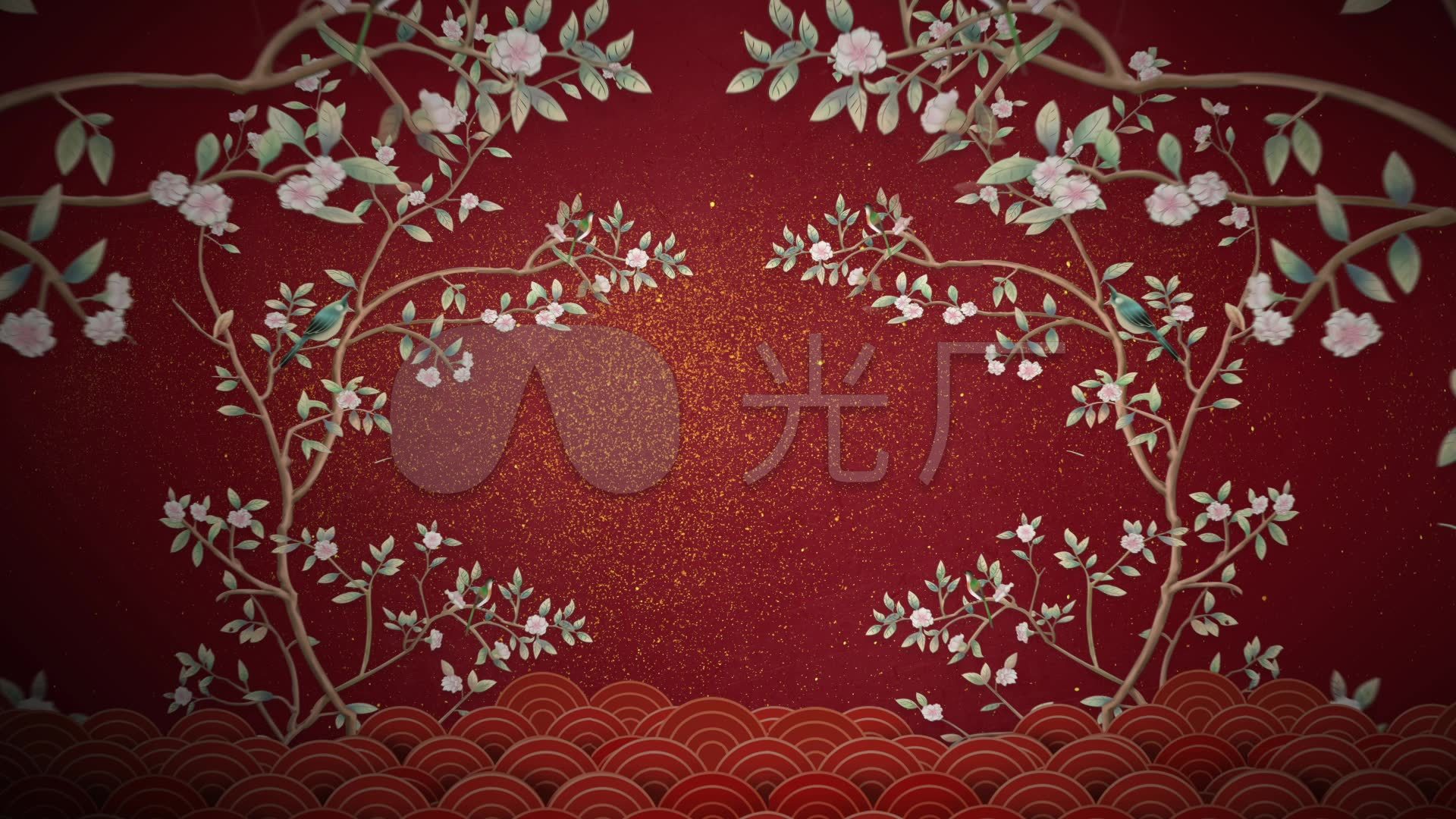 中式古风山水花鸟喜庆花纹宫廷复古古代城墙