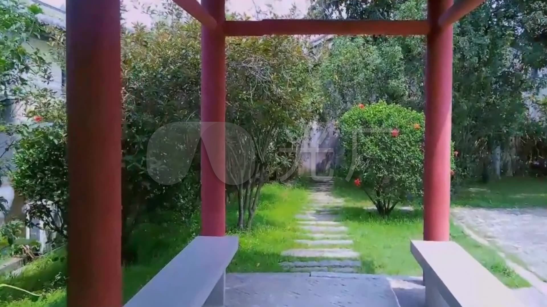 实拍 公园 亭子 走廊 植物 视频