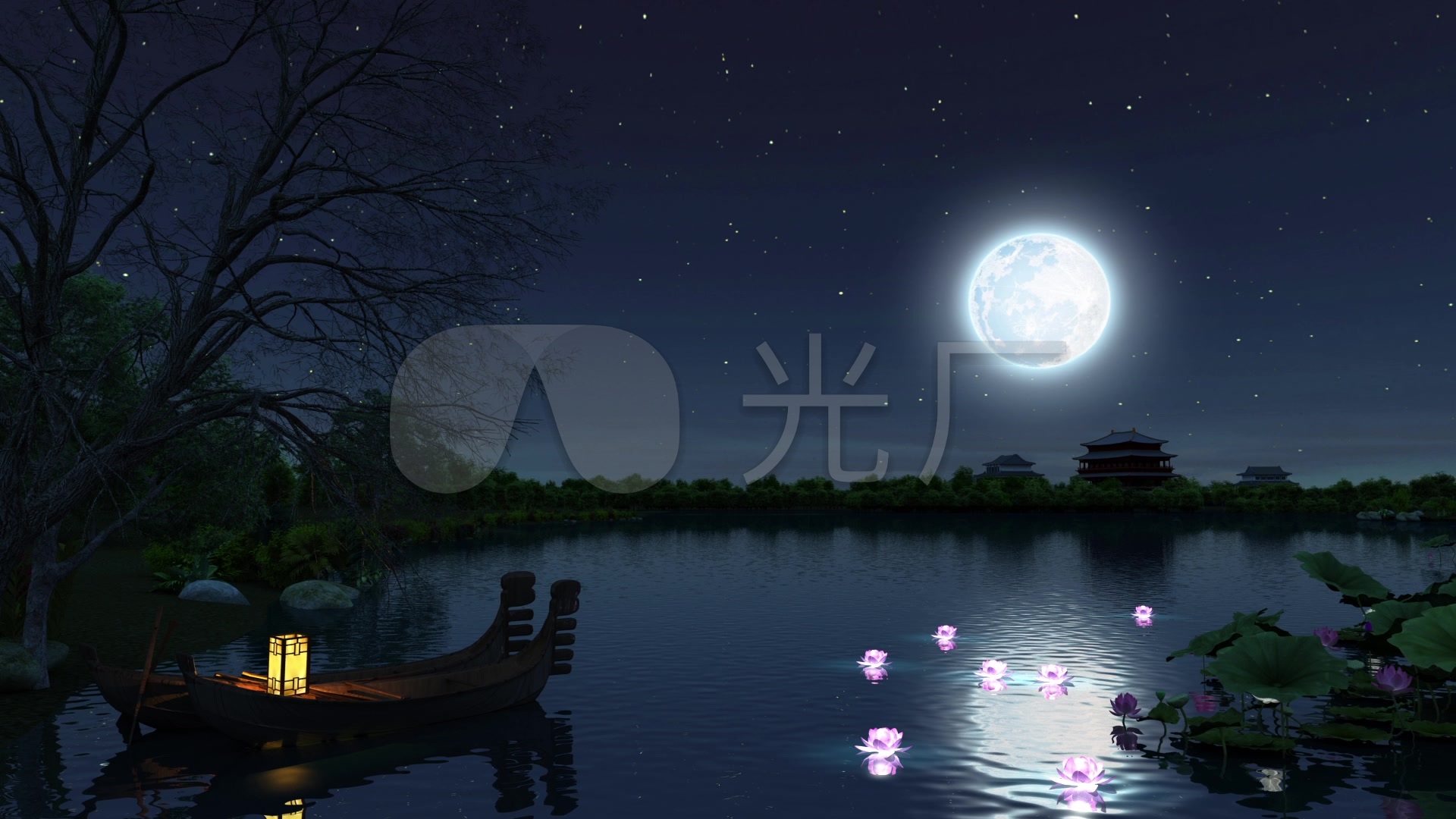 月夜夜色静谧的夜明亮的月亮湖面月光