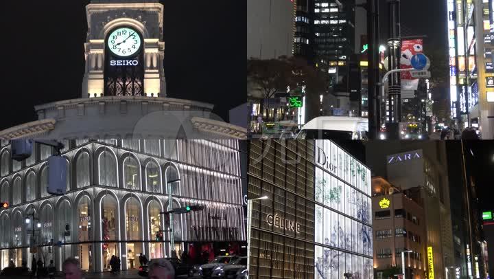 日本东京银座大街商店街道行人灯光大厦钟楼