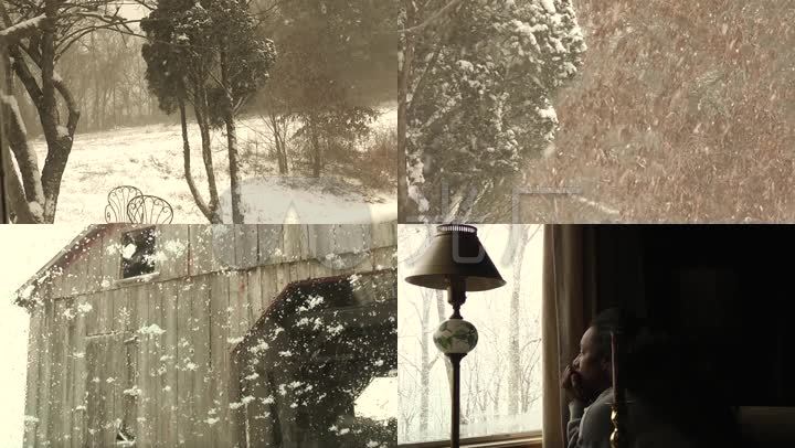 林海木屋下雪隔窗看雪