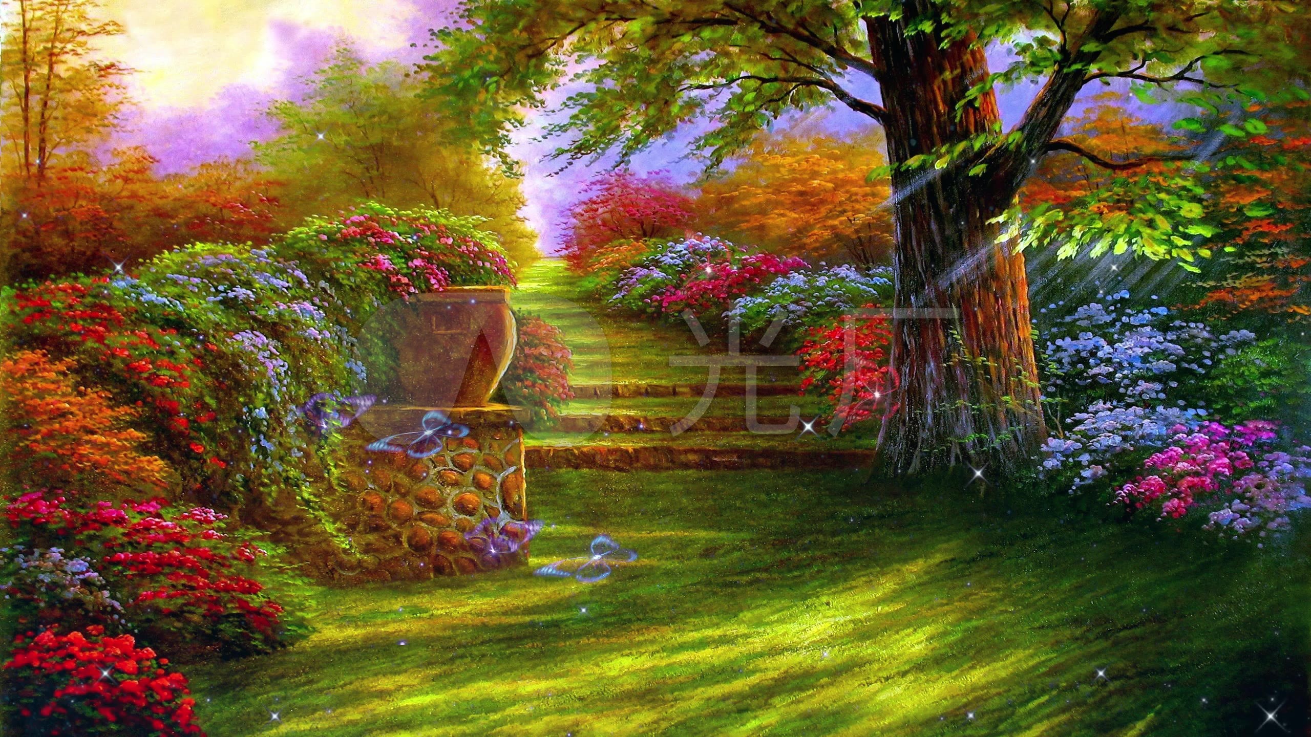 唯美梦幻童话世界花园园林粒子蝴蝶舞台背景_2560x1440_高清视频素材