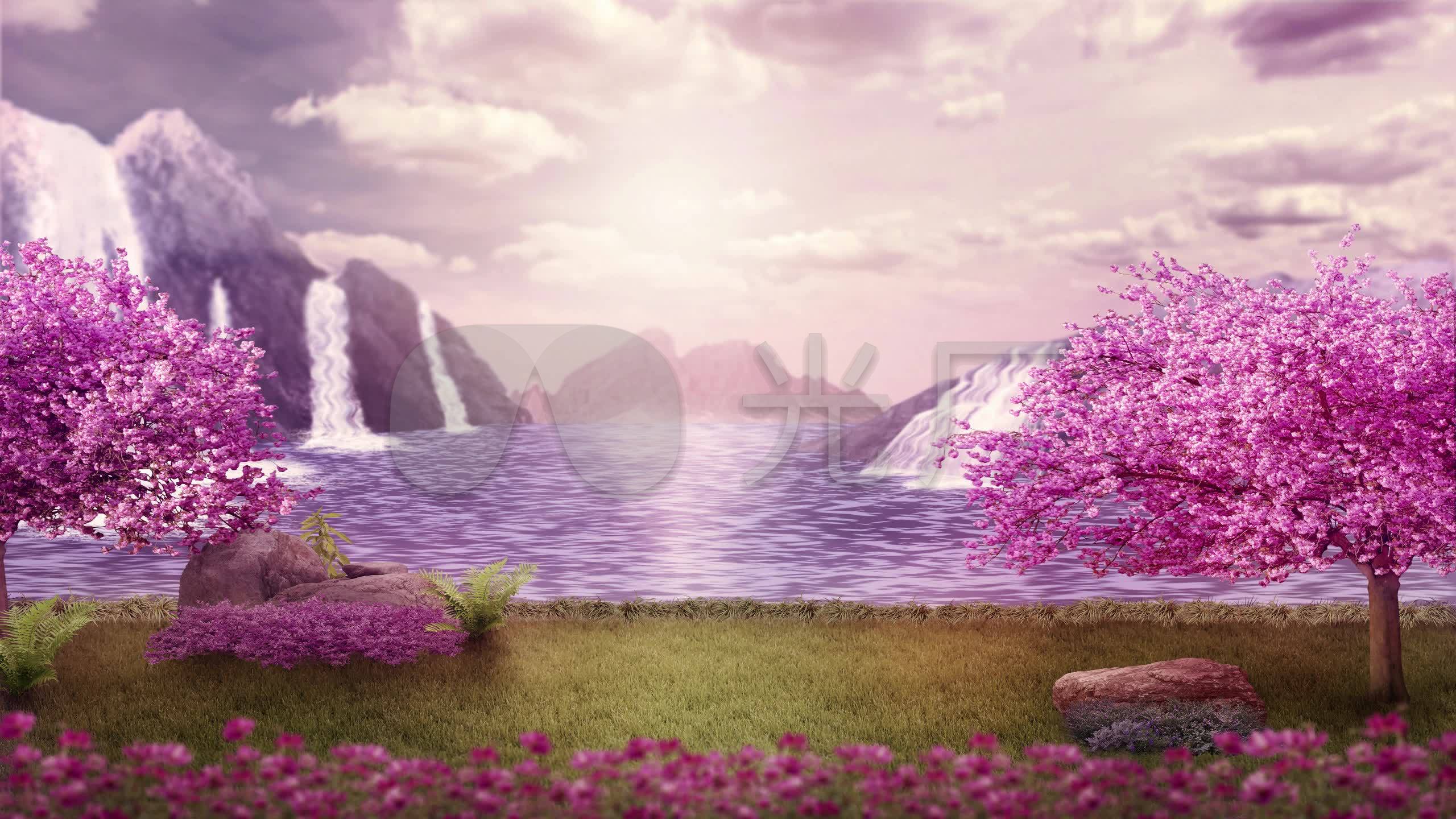 唯美梦幻紫色粉色花园森林湖泊仙境_2560x1440_高清