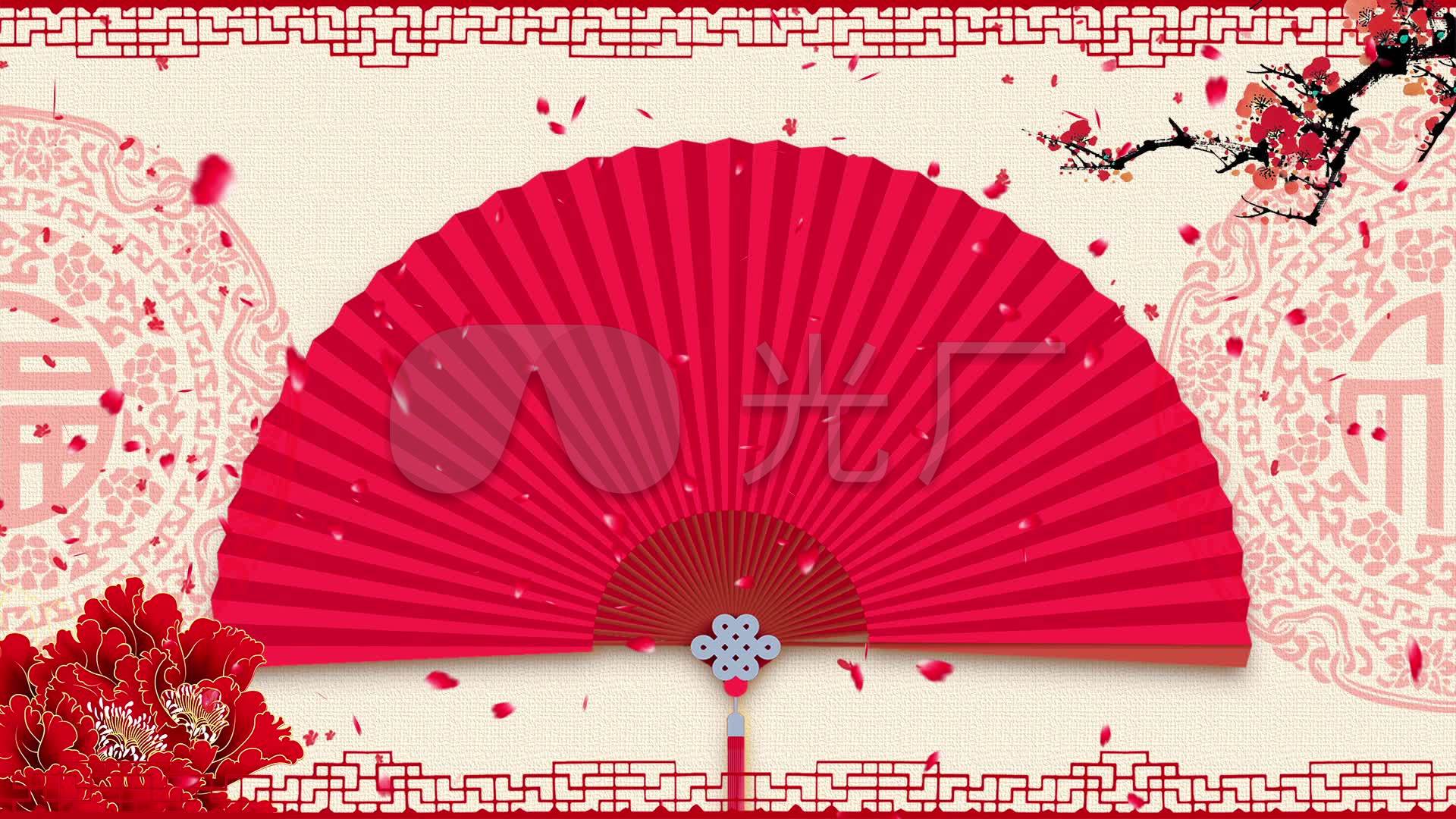喜庆红色中国风扇子戏曲相声小品花瓣背景