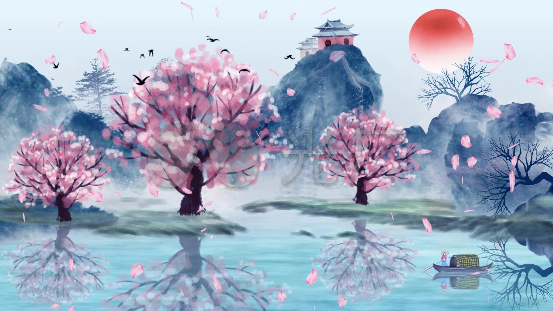 水墨桃花山水中国风背景_1920x1080_高清视频素材下载(编号:3216831)_