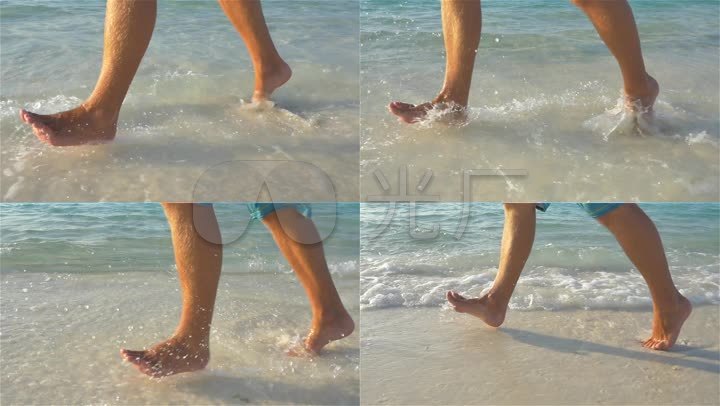 女孩慢跑赤脚沙滩跑溅起水花