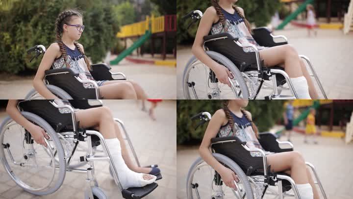 腿上绑带 坐着轮椅 轮椅 康复 残疾人 关爱残疾人 女孩 受伤女孩 绑带