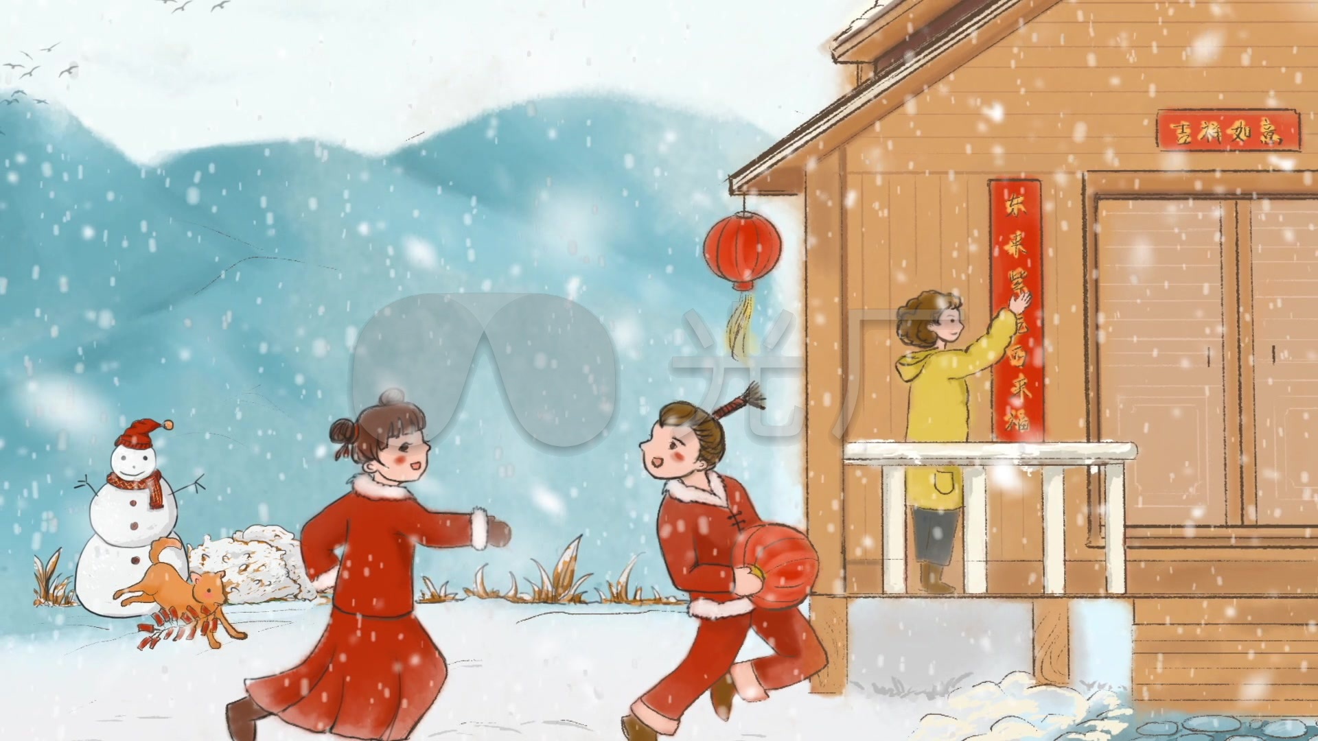 过年孩子玩雪动画欢快玩耍笑声春节