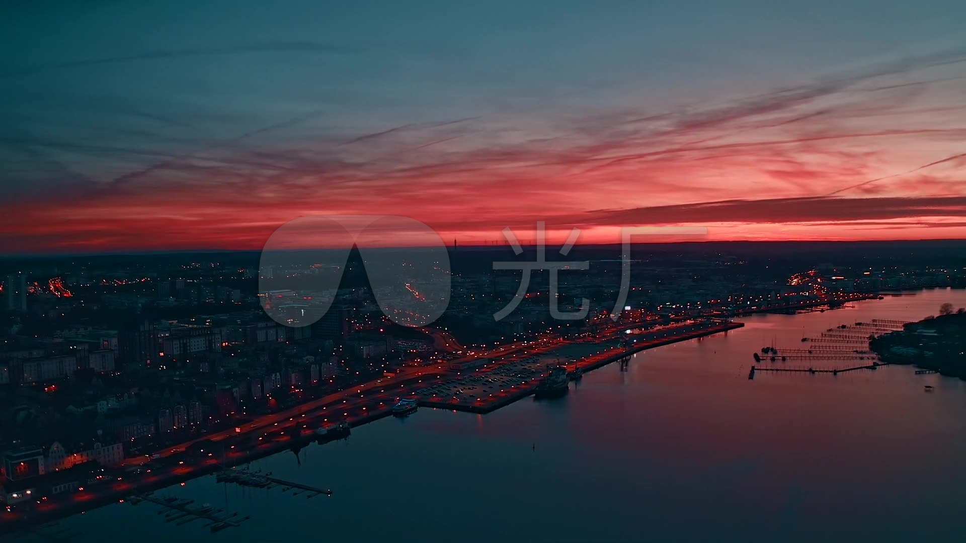 城市河流夕阳落日夜幕降临