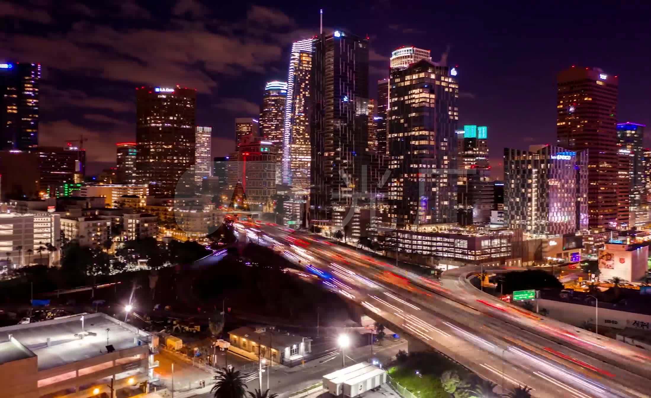 航拍美国洛杉矶繁华城市夜景