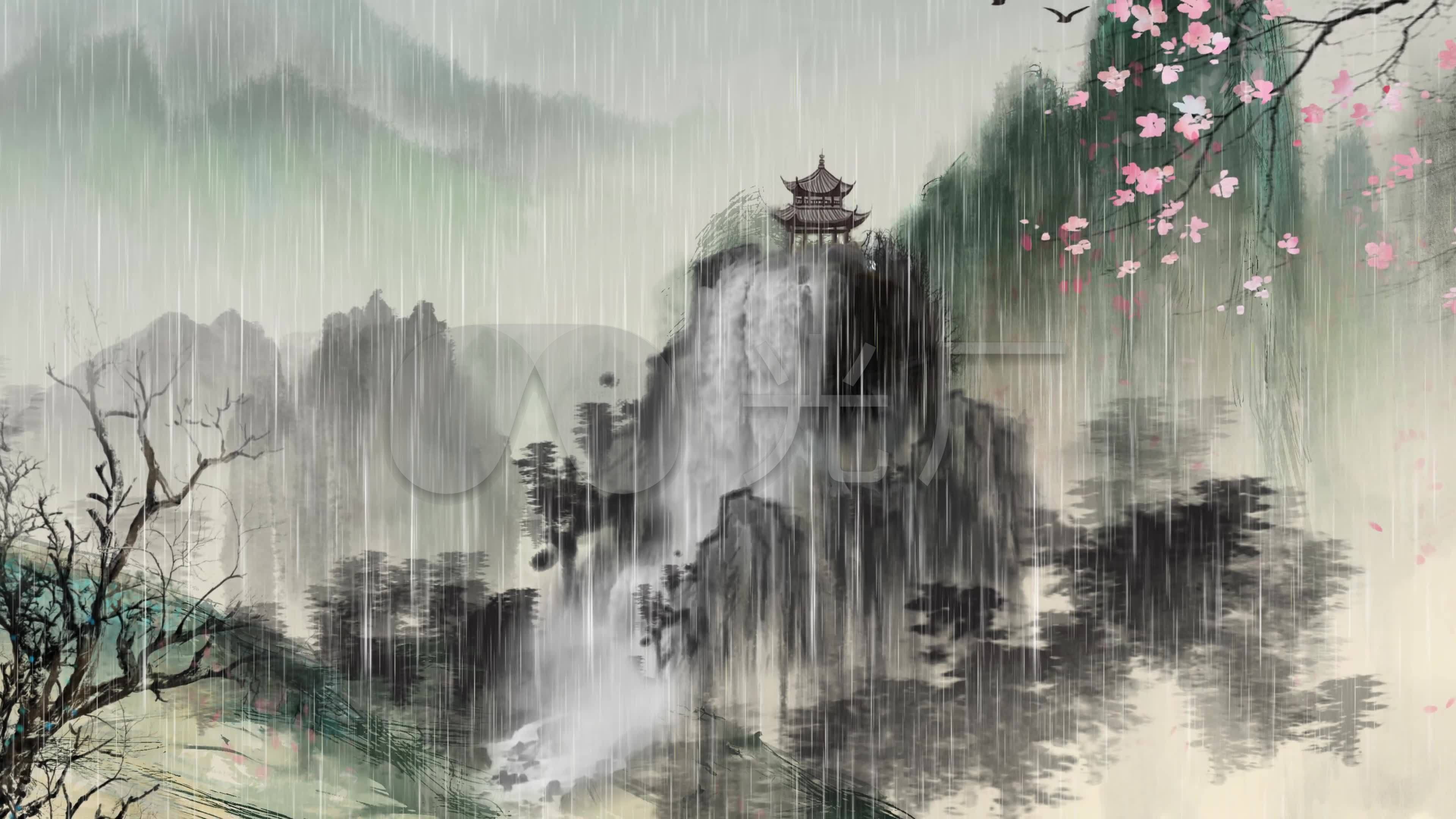 古典江南烟雨水墨山水画4k