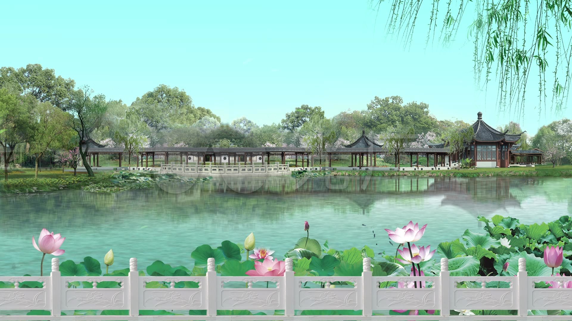 戏曲舞台花园古典园林高清背景_1920x1080_高清视频素材下载(编号