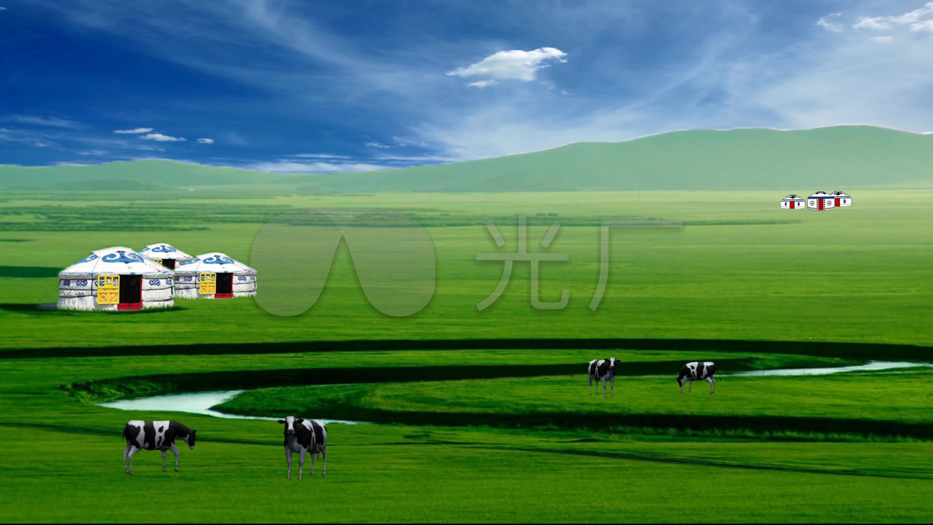 草原蒙古包牛群背景_3840x2160_高清视频素材下载(:)