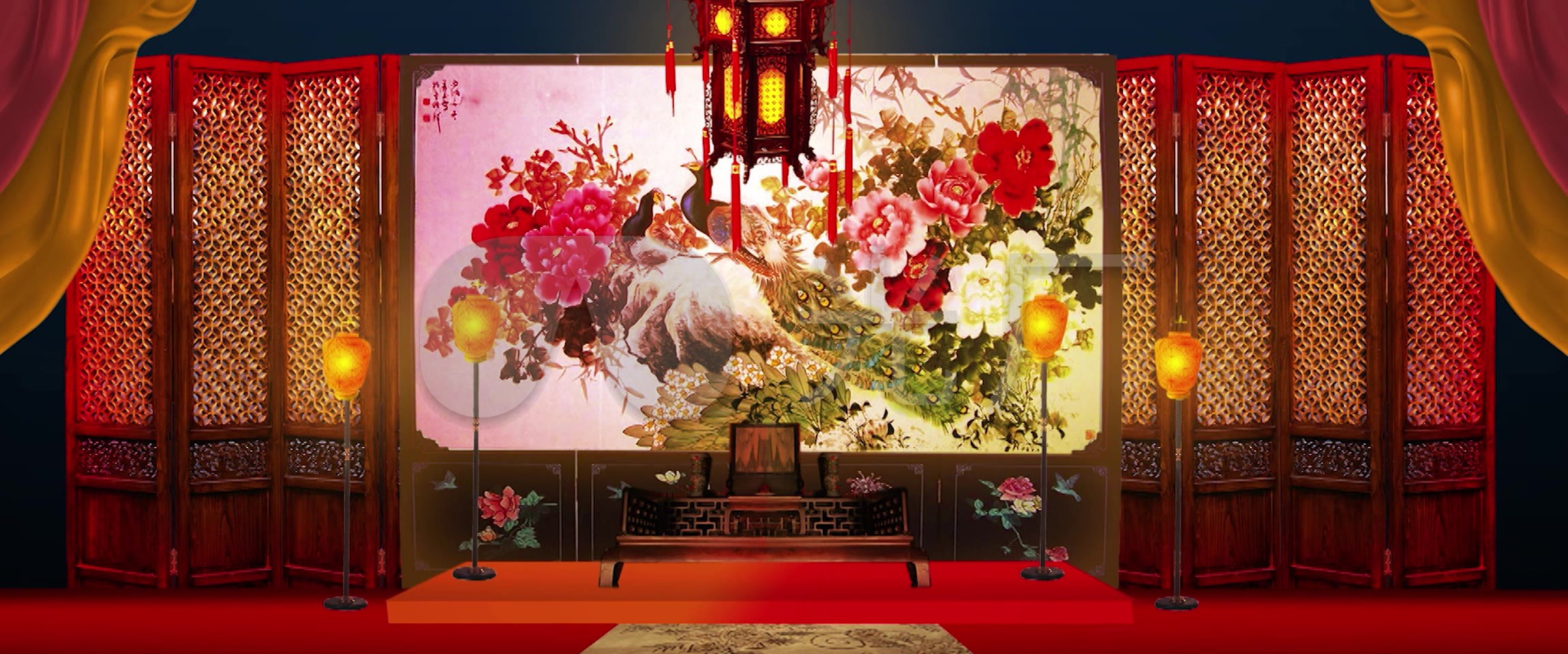 古色古香的黄梅戏台大屏幕背景_2300x960_高清视频素材下载(编号