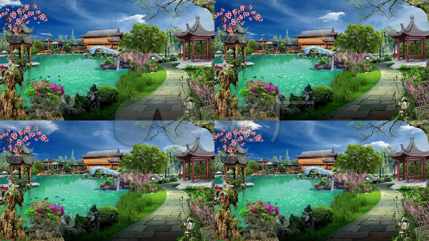 中国风湖水御园小桥流水亭台楼阁戏曲背景场景游园假山江南亭子古代