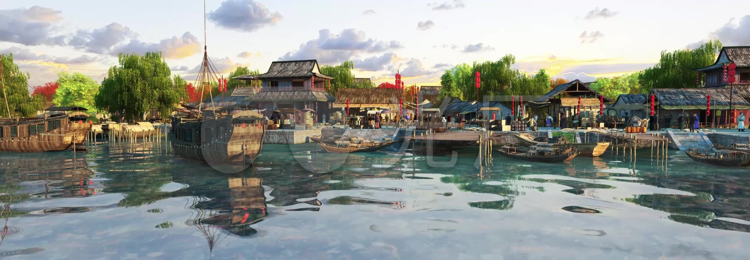 古代船队货运码头_2500x868_高清视频素材下载(编号:)