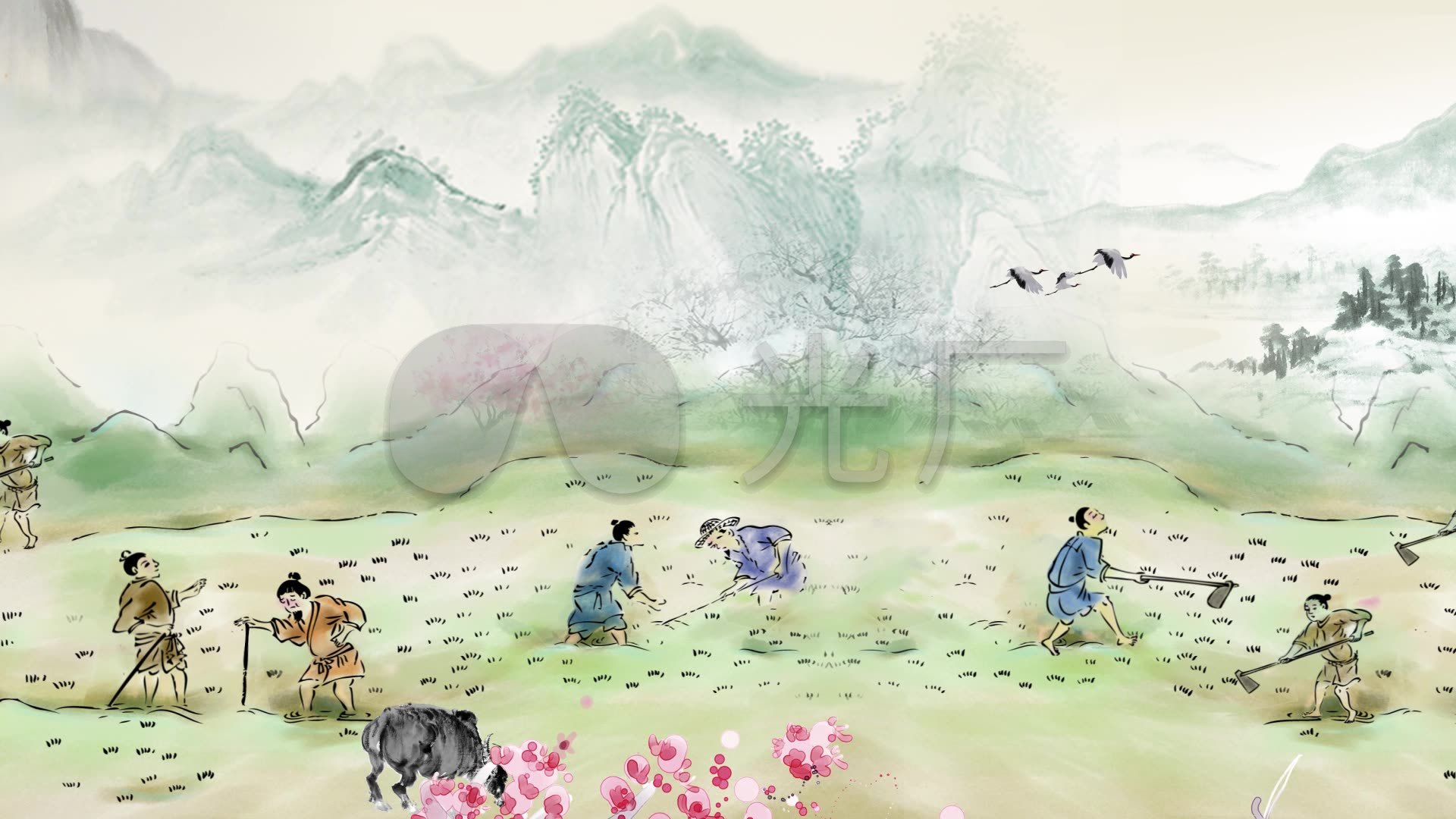 古人田间农耕劳作场景动画视频素材