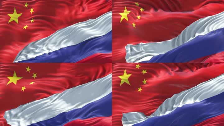 中国和俄罗斯国旗飘扬循环背景