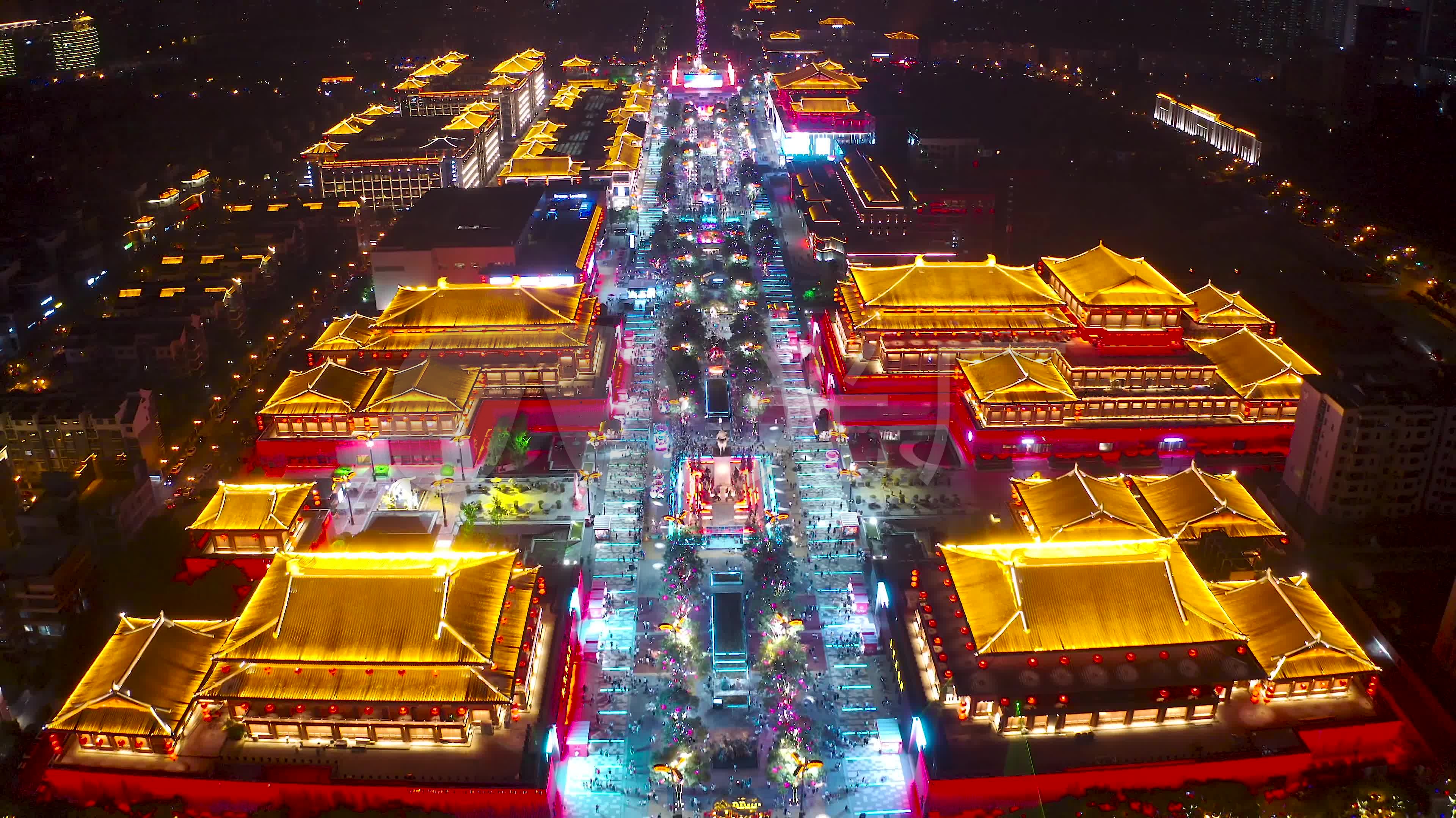 4k航拍_西安大唐不夜城夜景_3840x2160_高清视频素材下载(编号