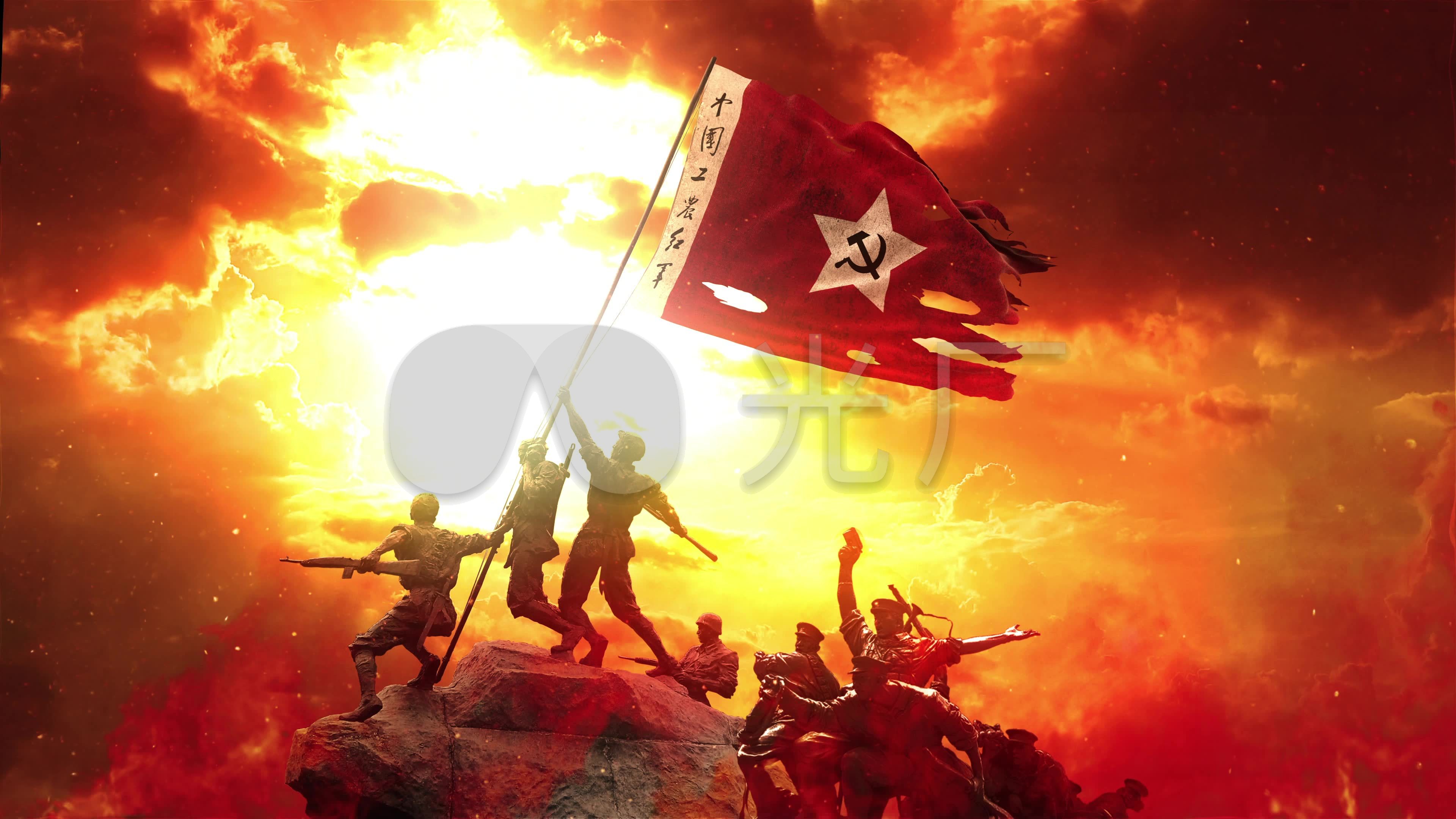 4k破旧破损军旗胜利英雄摇旗呐喊雕塑