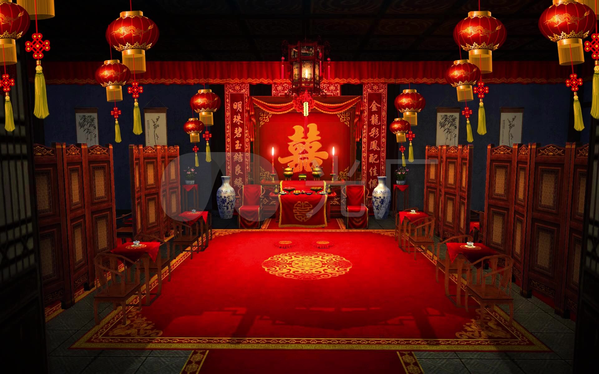 视频素材 舞台背景 场景背景 古代婚礼拜堂成亲 来自视频原始文件或