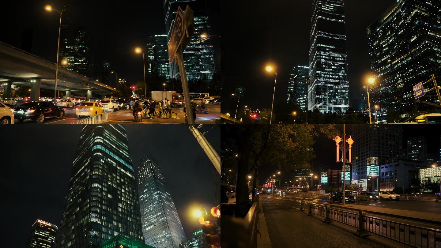 北京高楼夜景虚化光斑深夜十字路口 桥下交通