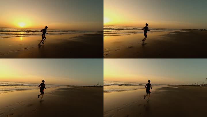 奔跑跑步日出日落太阳夕阳运动员励志训练晨跑男人沙滩海滩海边慢动作