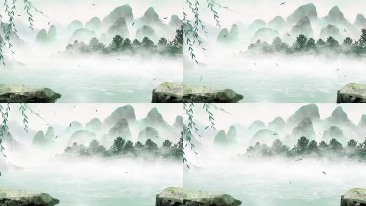 水墨风山水画波光粼粼背景视频素材