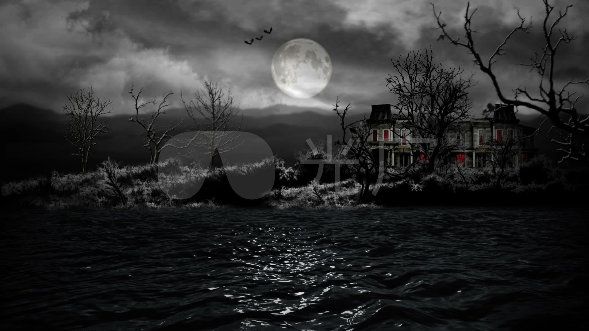 视频素材 舞台背景 场景背景 恐怖湖泊中的房屋建筑  来自视频原始