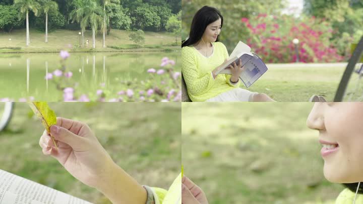 公园草地坐着看书,休闲的美女